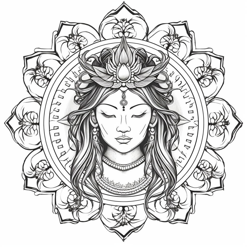 Printable Mandala Woman Goddess Zentangle PDF Print and color. Coloring for adults