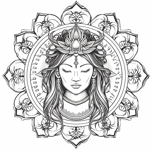 Printable Mandala Woman Goddess Zentangle PDF Print and color. Coloring for adults