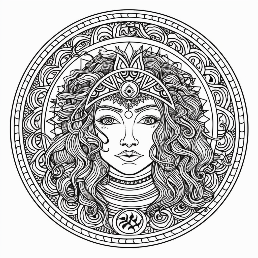 Printable Mandala Woman Goddess Zentangle PDF Print and color. Coloring for adults